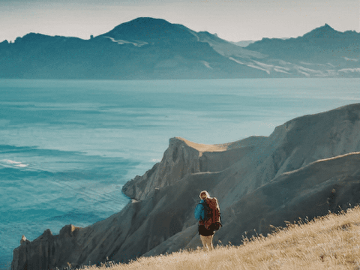 person standing on cliff overlooking mountains cinematic